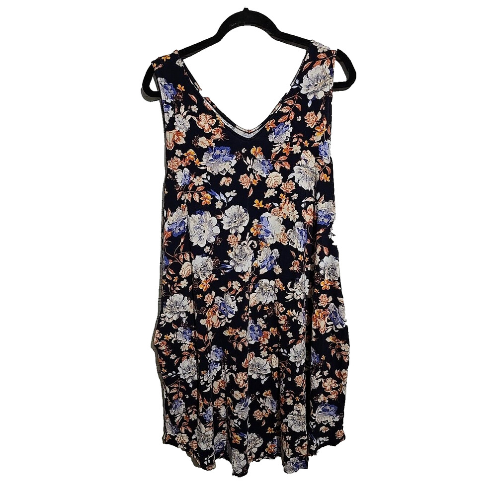 Maurices 24/7 Navy Blue Floral V-Neck Sleeveless Shift Dress Womans Size 2XL